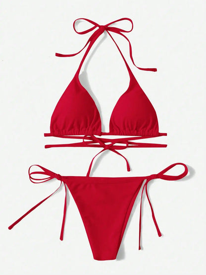 Solid color three-point bikini strap-on women's swimsuit set
