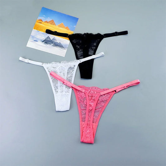 3PCS Adjustable Sexy Transparent Thong Panties Women Lace Underwear Low Waist Female T-back String Underpants