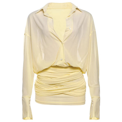 Weird Puss Ruched See Through Dress Women Patchwork Single-Breasted Full Sleeve Bandage Tassel Trend Streetwear Mini Bodycon