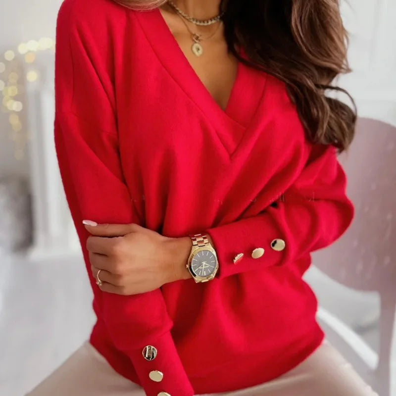 Spring Autumn Women Pure Soft Long Sleeve Sweater V-neck Fashion Jumper Office Lady Button Loose Casual Pullover Top Sweaters