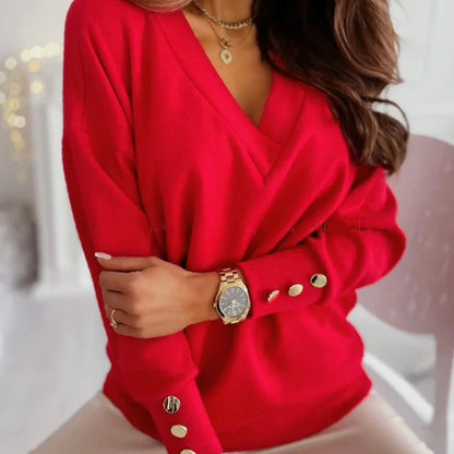 Spring Autumn Women Pure Soft Long Sleeve Sweater V-neck Fashion Jumper Office Lady Button Loose Casual Pullover Top Sweaters