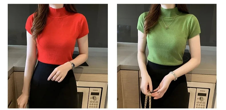 Half-High Neck T-Shirt Women's Fashion Jumper Casual Tops Korean Style Elegant Solid-Coloured Clothing Spring And Summer Season
