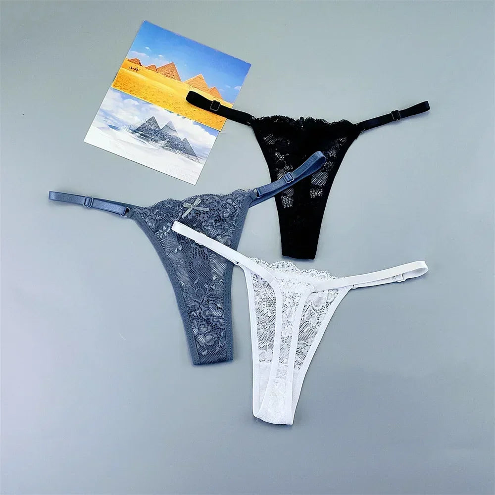 3PCS Adjustable Sexy Transparent Thong Panties Women Lace Underwear Low Waist Female T-back String Underpants