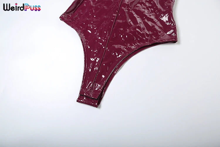 Weird Puss Faux Leather 2 Piece Set Women Sexy Low-Neck Halter Sleeveless Bodysuit+Zipper Waist Stretch Pant Clubwear Trend Suit