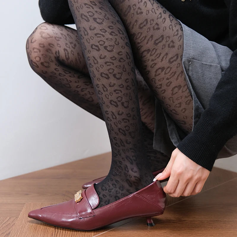 Vintage Women Sexy Thin Transparent Silky Pantyhose Gothic Black Sexy Leopard Animal Pattern Sheer Tights Seamless Stockings