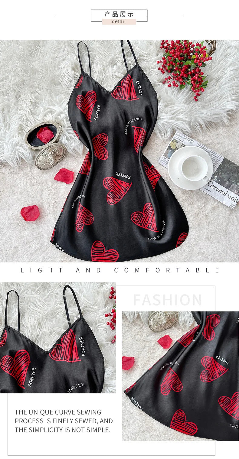 Red Lip Print Satin Slip Nightdress V Neck Backless Mini Sleep Dress Women's Sleepwear Dresses
