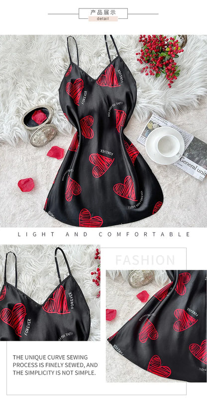 Red Lip Print Satin Slip Nightdress V Neck Backless Mini Sleep Dress Women's Sleepwear Dresses