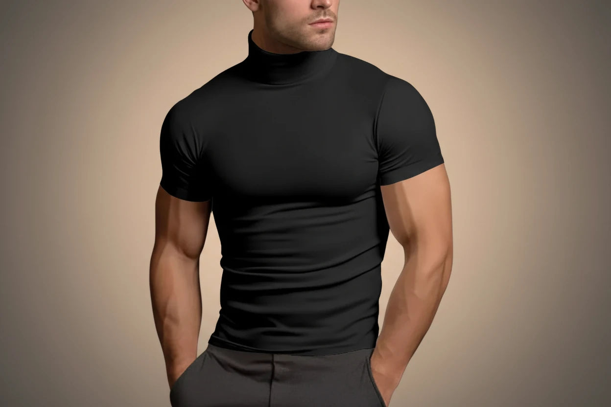 Cross-border Amazon summer solid color short-sleeved fashion bottoming shirt men's tight turtleneck T-shirt