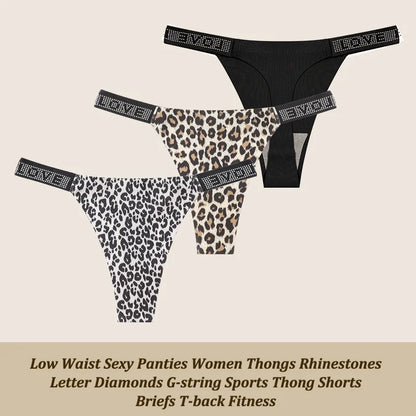 Low Waist Sexy Panties Women Thongs Rhinestones Letter Diamonds G-string Sports Thong Shorts Briefs T-back Size XS-XL 3Pcs