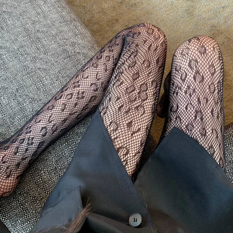 Vintage Women Sexy Thin Transparent Silky Pantyhose Gothic Black Sexy Leopard Animal Pattern Sheer Tights Seamless Stockings