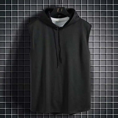Men Tie Collar Hooded Sleeveless Vests Male Summer Loose Solid Hip Hop Tee Shirt Tops