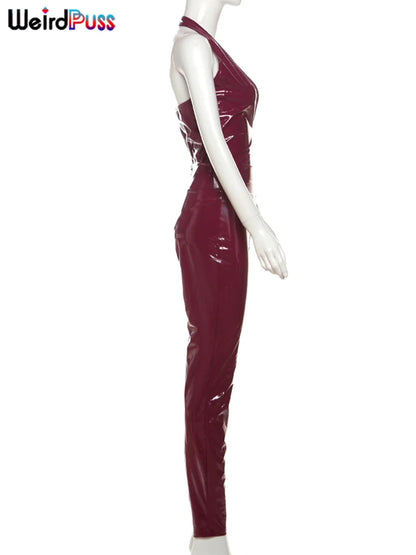 Weird Puss Faux Leather 2 Piece Set Women Sexy Low-Neck Halter Sleeveless Bodysuit+Zipper Waist Stretch Pant Clubwear Trend Suit