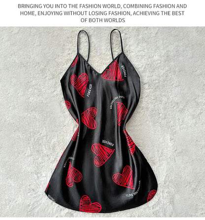 Red Lip Print Satin Slip Nightdress V Neck Backless Mini Sleep Dress Women's Sleepwear Dresses