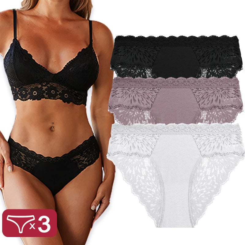 Sexy Perspective Women Back Lace Panties Patchwork Cotton Underpants Hollow Out Lingerie Underwear Comfortable Briefs 3PCS