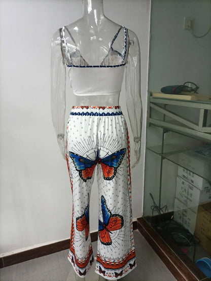 Sexy Two Piece Set Women Outfit 2025 Summer Butterfly Print V-Neck Cropped Top High Waist Drawstring Casual Wide Leg Pants Sets