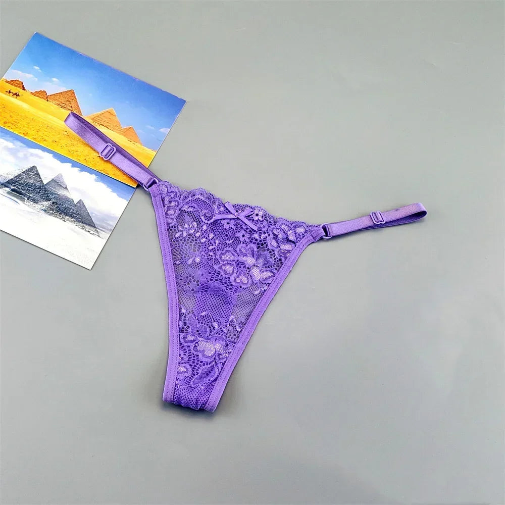 3PCS Adjustable Sexy Transparent Thong Panties Women Lace Underwear Low Waist Female T-back String Underpants