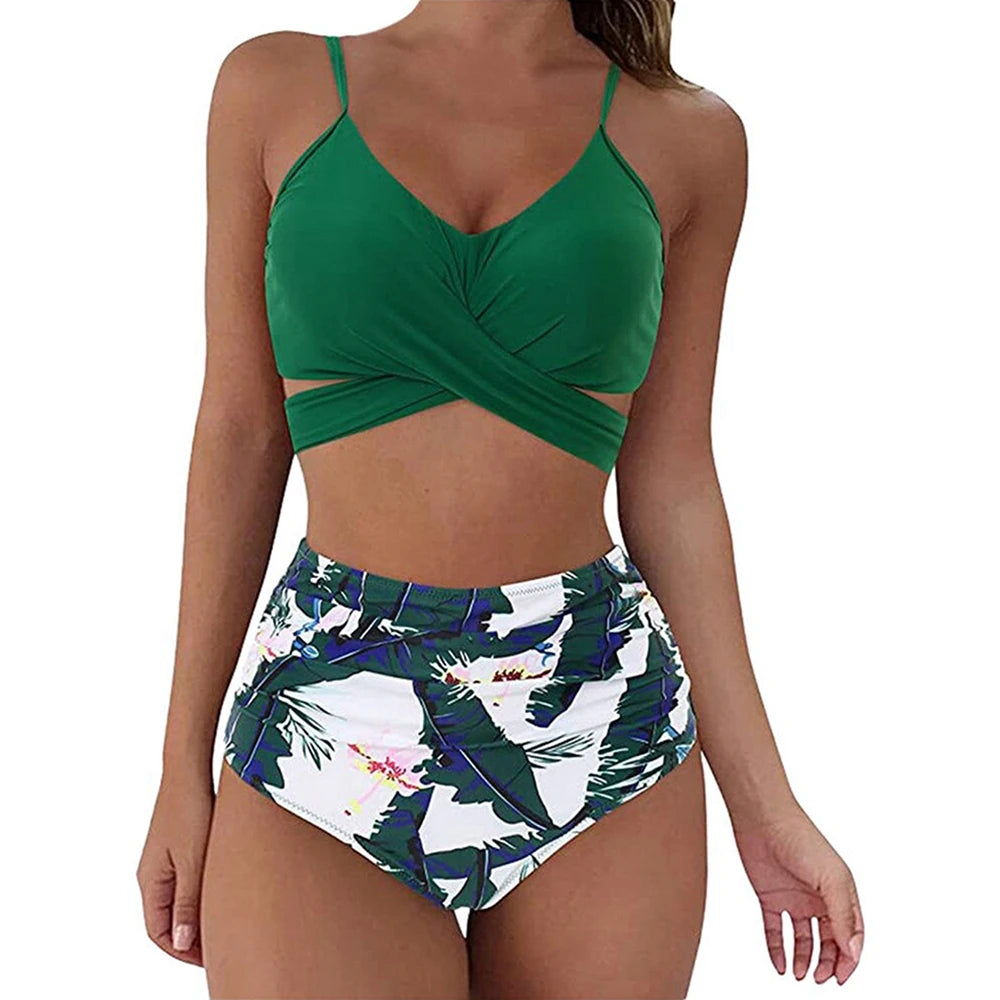 Hot 12 Colors Women Slim Bikini Sets High Waisted Sexy Swimwear 2 Pieces Solid/Floral Ruched Brazilian Swimsuit Cross Front