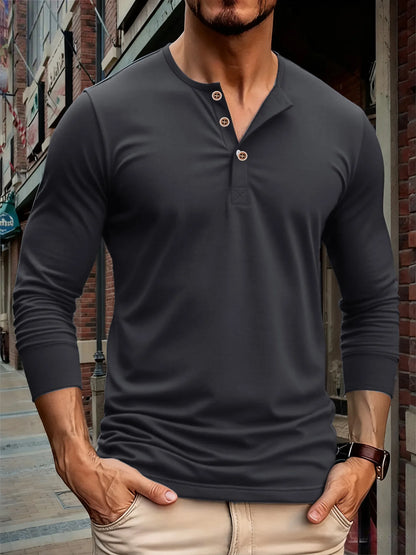 Autumn Men Button Long Sleeve Henley Neck T-Shirt Solid Color Casual Breathable Tops Street Tees Versatile Fashion Slim T-Shirts