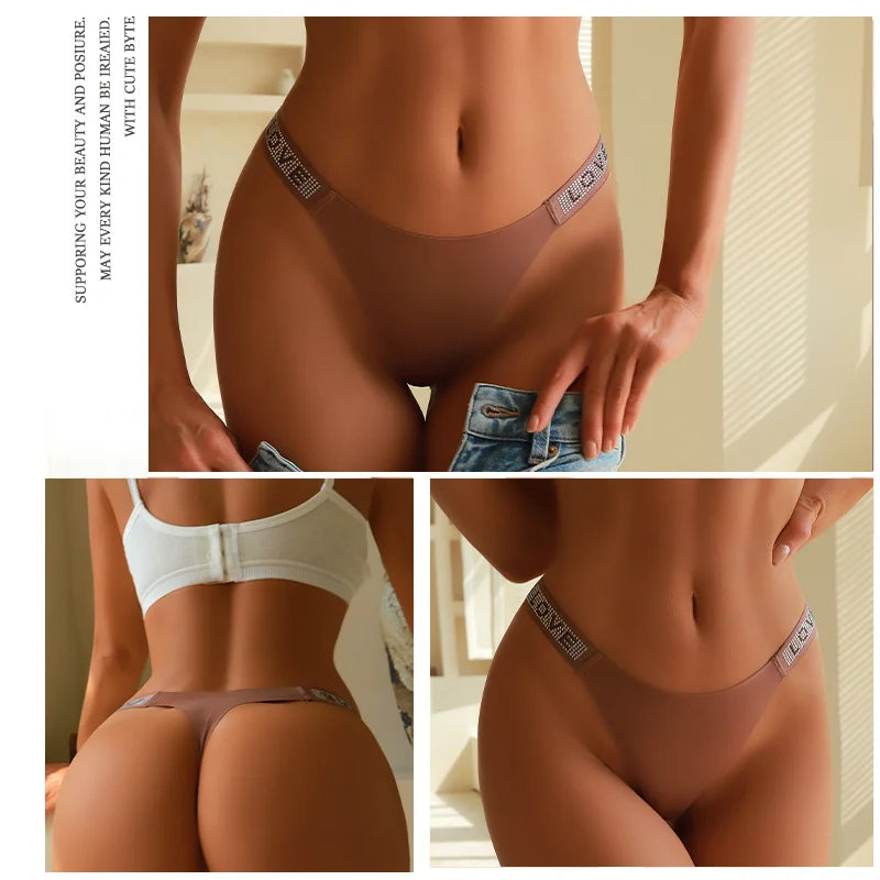 Low Waist Sexy Panties Women Thongs Rhinestones Letter Diamonds G-string Sports Thong Shorts Briefs T-back Size XS-XL 3Pcs