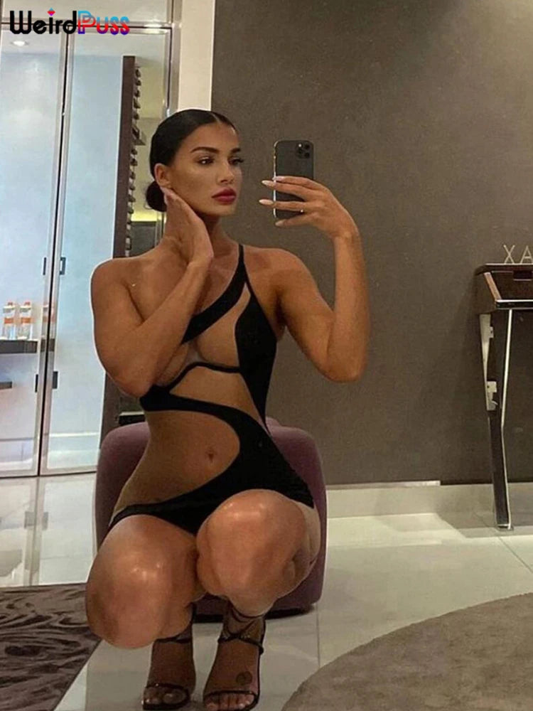 Weird Puss Beach Style Women Bikini 2 Piece Set Sexy Mesh Patchwork One Shoulder Bra Top+Bandage Briefs Vacation Trend Clubwear