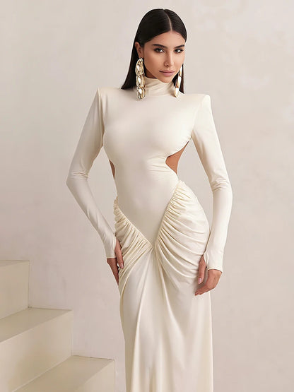 Sisterlinda Shirring Sheath Maxi Dresses High Street Classic Full Sleeve Straight Shoulder Backless Vestidos Mujer Evening Wear