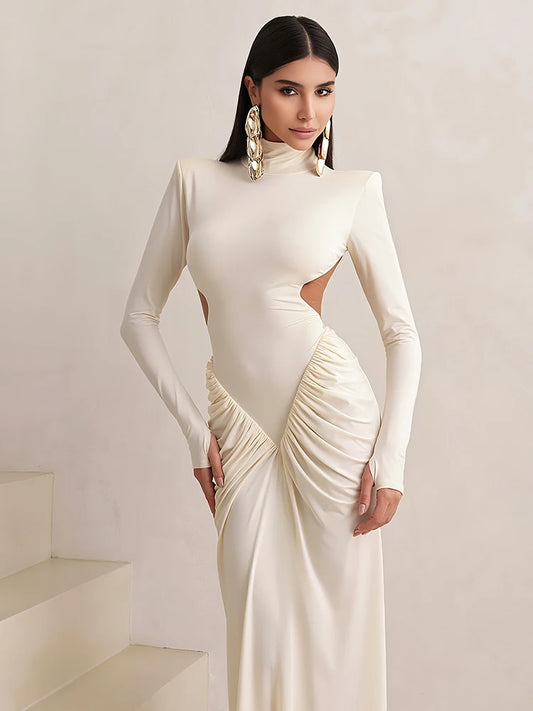 Sisterlinda Shirring Sheath Maxi Dresses High Street Classic Full Sleeve Straight Shoulder Backless Vestidos Mujer Evening Wear