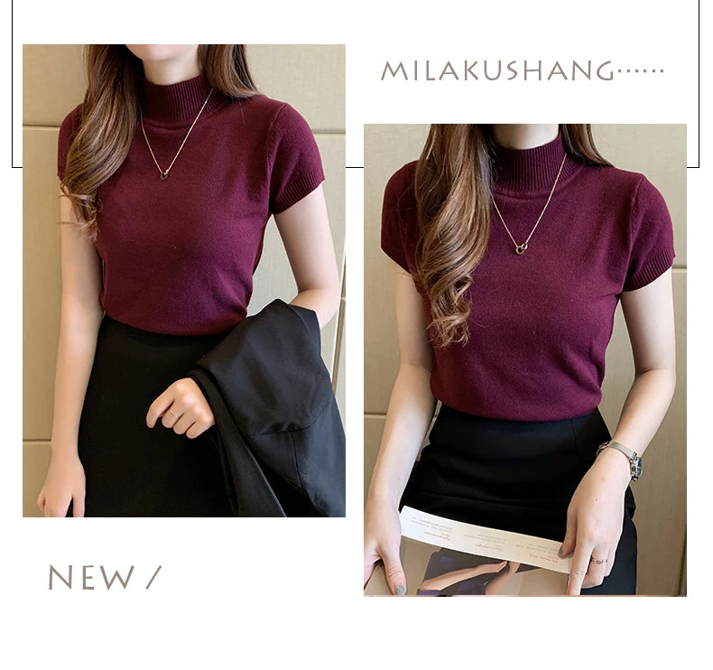 Half-High Neck T-Shirt Women's Fashion Jumper Casual Tops Korean Style Elegant Solid-Coloured Clothing Spring And Summer Season
