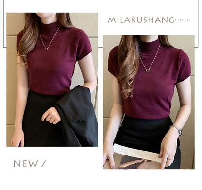 Half-High Neck T-Shirt Women's Fashion Jumper Casual Tops Korean Style Elegant Solid-Coloured Clothing Spring And Summer Season