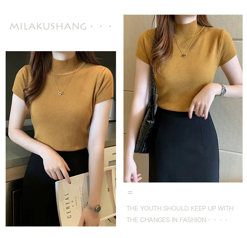 Half-High Neck T-Shirt Women's Fashion Jumper Casual Tops Korean Style Elegant Solid-Coloured Clothing Spring And Summer Season