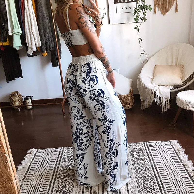 Sexy Two Piece Set Women Outfit 2025 Summer Butterfly Print V-Neck Cropped Top High Waist Drawstring Casual Wide Leg Pants Sets