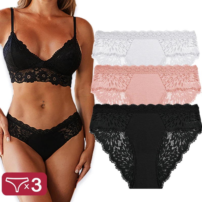 Sexy Perspective Women Back Lace Panties Patchwork Cotton Underpants Hollow Out Lingerie Underwear Comfortable Briefs 3PCS