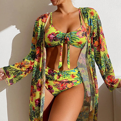 Sexy High Waisted Bikini 3 Pieces Floral Printed Swimsuit Size 3XL-S Women Bikini Set With Mesh Long-Sleeved Blouse Super Sales