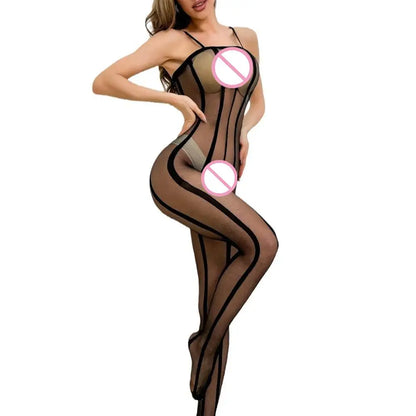 Lingerie Sets Sexy High Elastic Semi-Sheer Vertical Stripe Bodysuit Women Camisole Body Stocking Skinny Fitted Silk Stockings