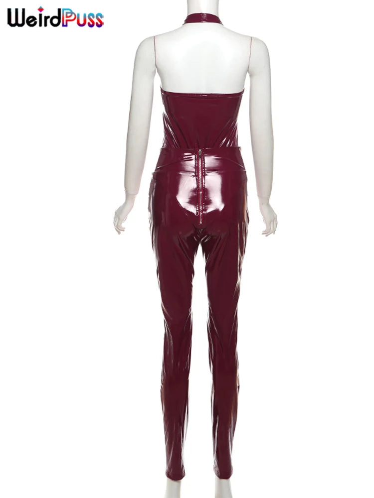 Weird Puss Faux Leather 2 Piece Set Women Sexy Low-Neck Halter Sleeveless Bodysuit+Zipper Waist Stretch Pant Clubwear Trend Suit