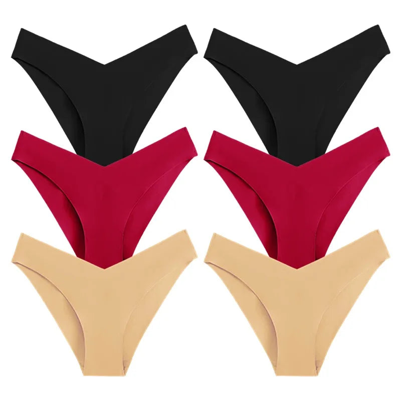 WarmSteps 6Pcs/Set V-Cut Sexy Women's Thongs Panties Plain Ice Silk Female Lingerie Intimate Seamless Underwear Briefs for Woman