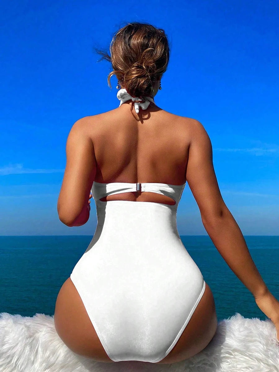 Drawstring One-piece Swimwear Female High Waisted Bikini Bandeau Halter Bathing Suit Swimming for Monokini