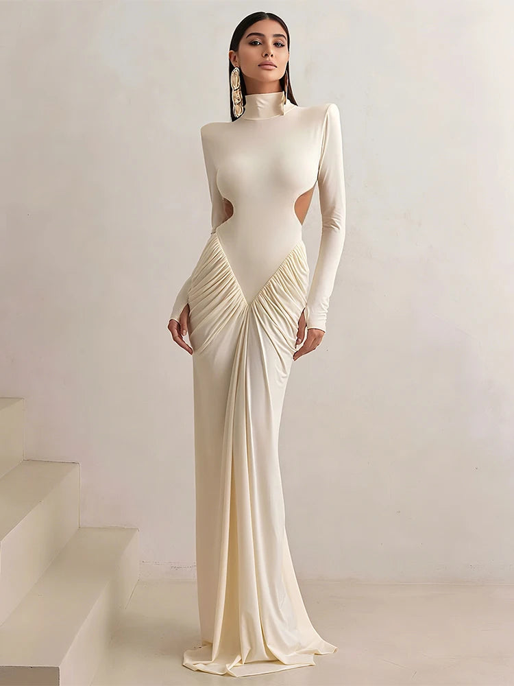 Sisterlinda Shirring Sheath Maxi Dresses High Street Classic Full Sleeve Straight Shoulder Backless Vestidos Mujer Evening Wear