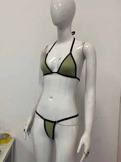 Summer fashion sexy three-point contrasting color backless hanging neck two-piece set bikini women's clothing