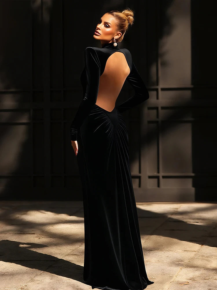 Sisterlinda Shirring Sheath Maxi Dresses High Street Classic Full Sleeve Straight Shoulder Backless Vestidos Mujer Evening Wear