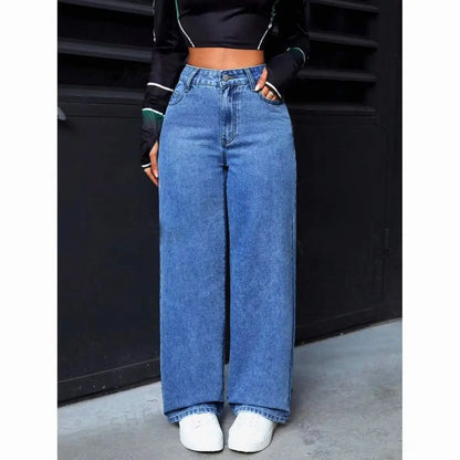 American Women's Blue Washed High-Waisted Straight-Leg Jeans Loose Fashion Front & Back Pockets Jeans Suitable Daily Casual Wear