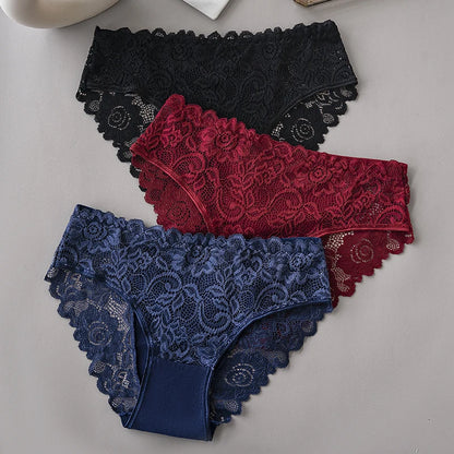 Luxury Floral Embroidery Lace Panties Women Briefs Sexy Hollow 3PCS Lingerie Female Underwear Ladies Breathable Underpants