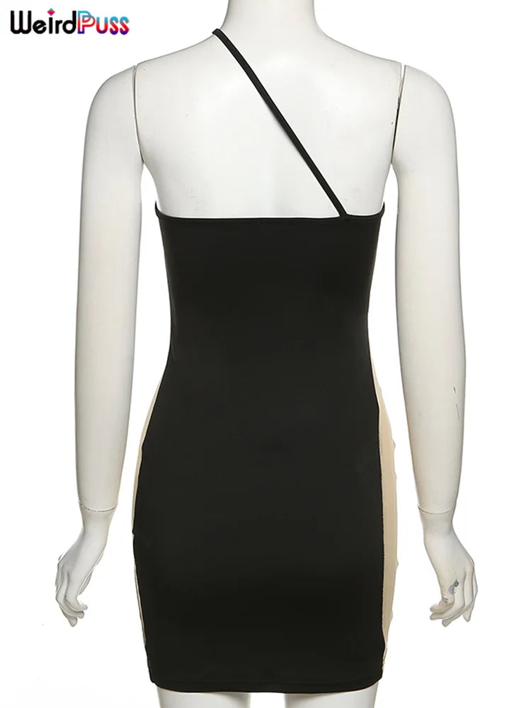 Weird Puss Beach Style Women Bikini 2 Piece Set Sexy Mesh Patchwork One Shoulder Bra Top+Bandage Briefs Vacation Trend Clubwear