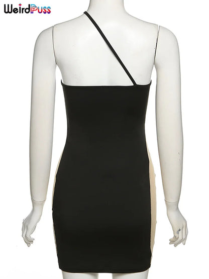 Weird Puss Beach Style Women Bikini 2 Piece Set Sexy Mesh Patchwork One Shoulder Bra Top+Bandage Briefs Vacation Trend Clubwear