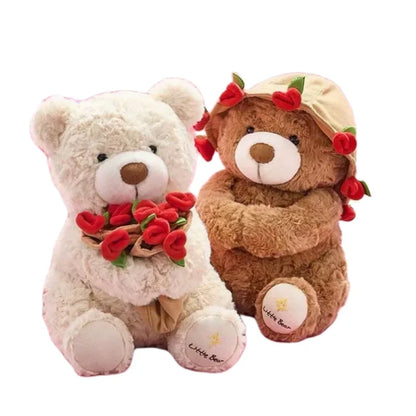Kawaii Teddy Bear with Roses Plush Toy Soft Bear Stuffed Doll Romantic Gift for Lover Home Decor Valentine's Day Gifts for Girls