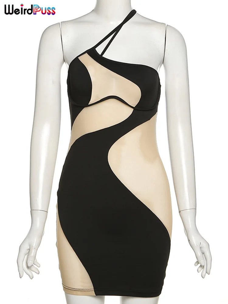 Weird Puss Beach Style Women Bikini 2 Piece Set Sexy Mesh Patchwork One Shoulder Bra Top+Bandage Briefs Vacation Trend Clubwear