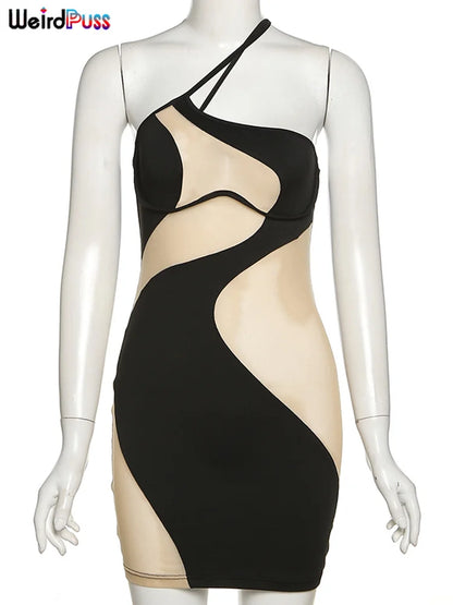 Weird Puss Beach Style Women Bikini 2 Piece Set Sexy Mesh Patchwork One Shoulder Bra Top+Bandage Briefs Vacation Trend Clubwear