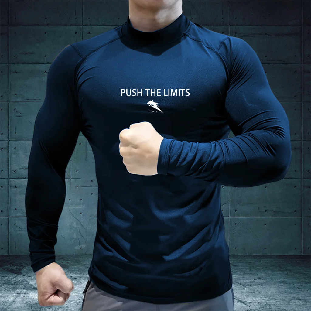 Autumn New Sports Shirt Men High Neck Compression Shirt Long Sleeved Training Top High Stretch Undershirt