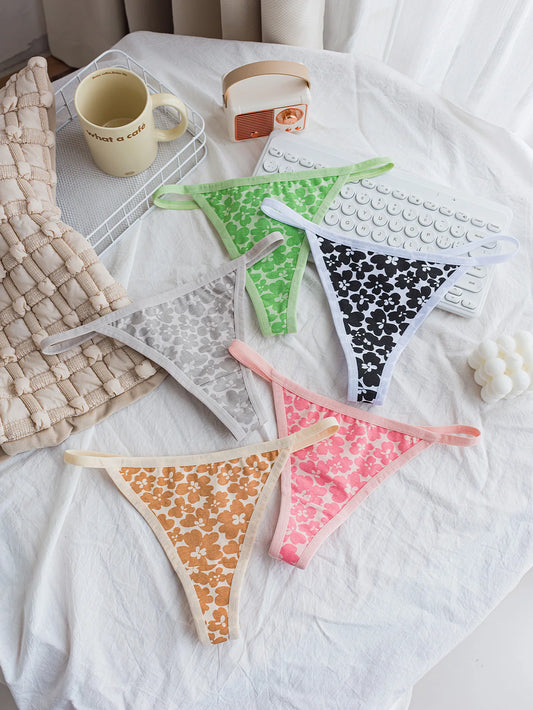 Mixed Color Floral Patchwork Thin Strap Comfortable Women's Thong Cotton Underwear Girls' Briefs 5-Pack