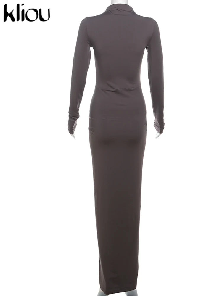 Kliou Shirring Women Classic Maxi Dress Autumn New Solid Long Sleeve High Collar Body-shaping Vestidos Mujer Concise Trend Robe