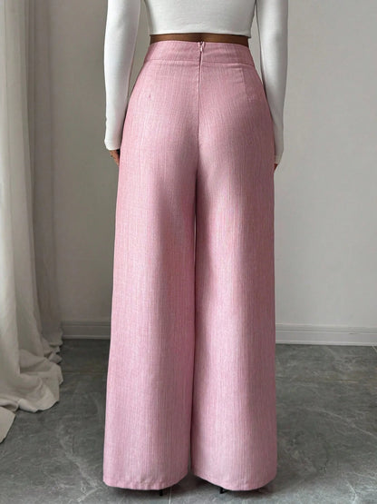 Women's High Waist Pink Waist Covered Button Design Elegant Casual Wear Loose Flowing Straight Pants